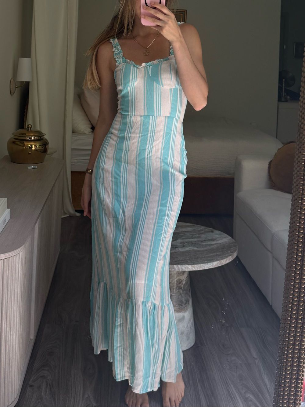 Olivaceous summer aqua and white stripped maxi dress structured cups ruffles S